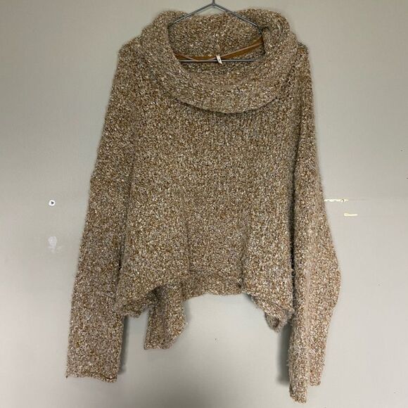 Free People Tan Cowl-Neck Knit Boxy Oversized BFF Sweater Size Small - Picture 2 of 7